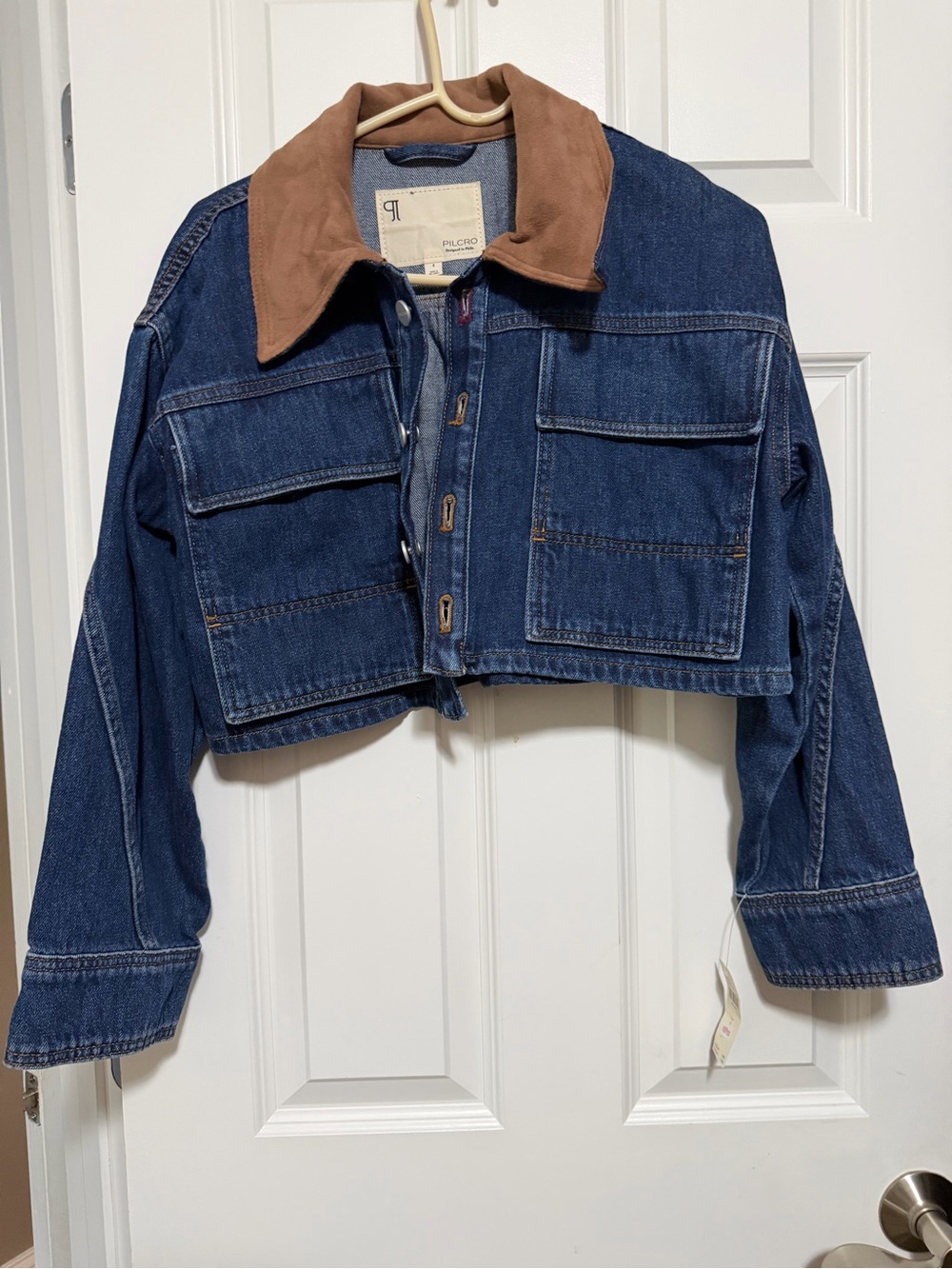 Pilcro Denim Jacket with Suede Collar in Blue and Brown
